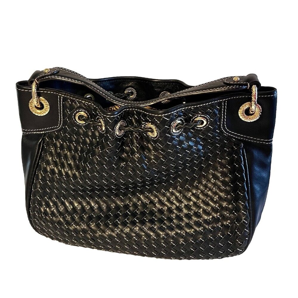 Antonio Melani leather handbag w/braided drawstring and gold hardware trim